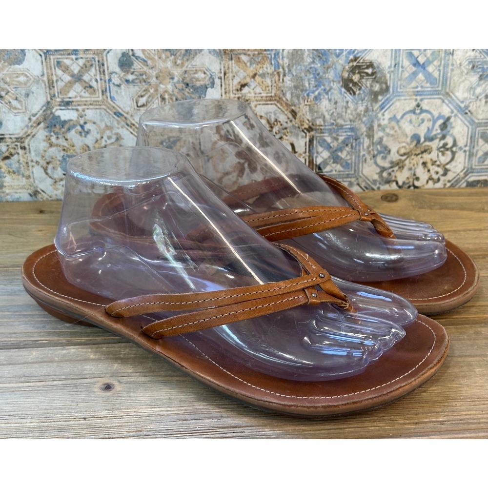 OluKai Upena Leather Flip Flop Thong Sandals Womens 9.5 Brown Excellent